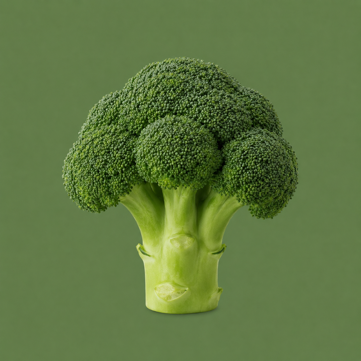 A single fresh broccoli head standing upright